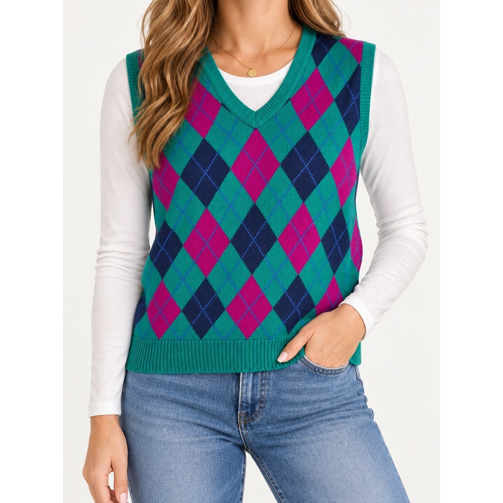Vintage Isle of Cotton Argyle Sweater Vest Green Pink V-Neck Knit Made in USA L